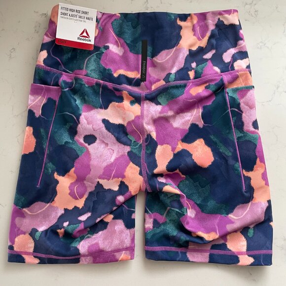 Reebok Fitted Hi Rise Poly Spandex Short Abstract Floral Print Purple Navy Sz S - Picture 5 of 11